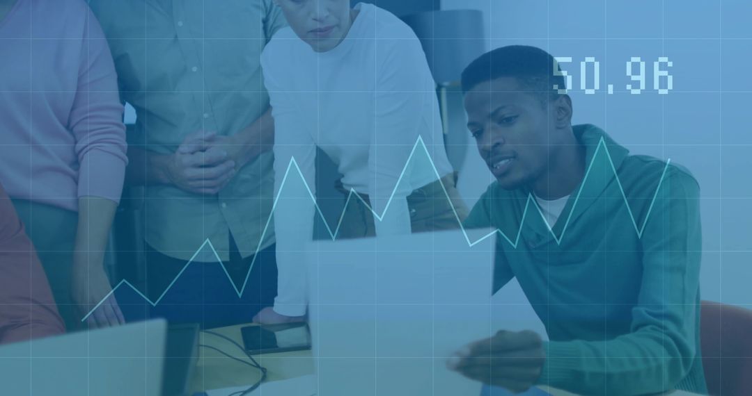 Team Analyzing Financial Data in Modern Office with Digital Chart Overlay