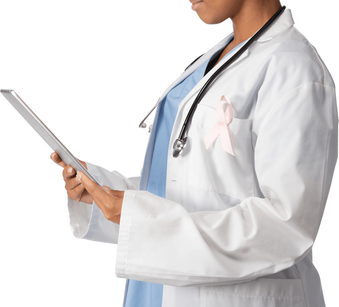 Transparent Female Doctor Wearing Pink Ribbon Using Tablet