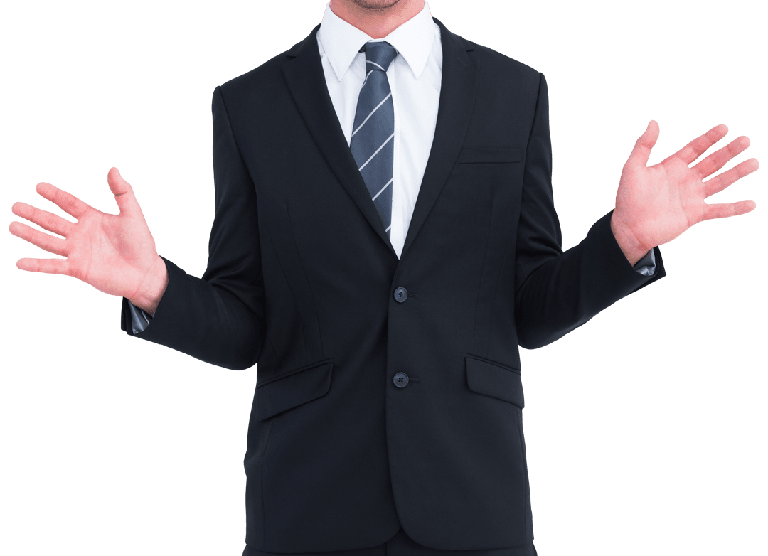 Businessman Shrugging with Hands Up in Transparent Background