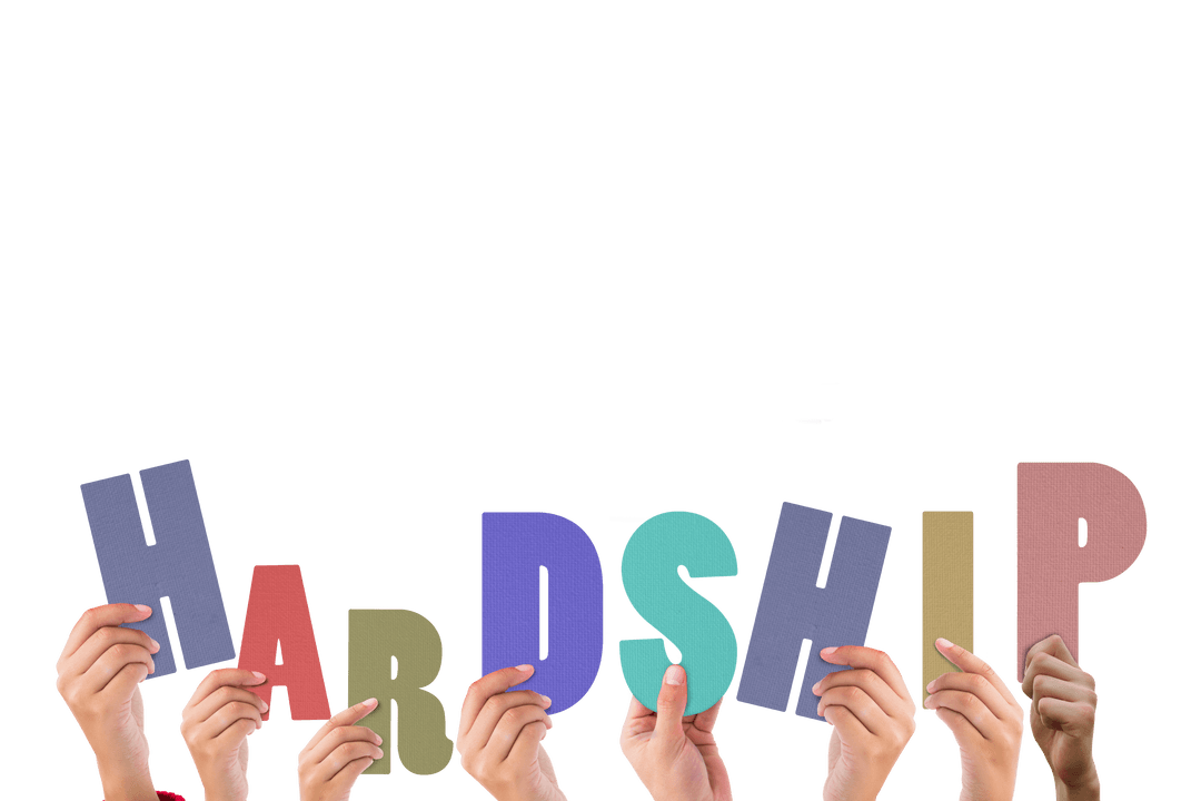 Transparent Human Hands Displaying Colorful Word Hardship