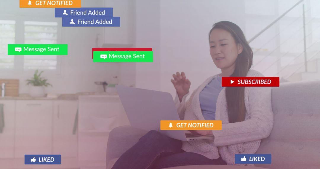 Woman Engaging With Social Media Alerts on Laptop in Bright Living Room