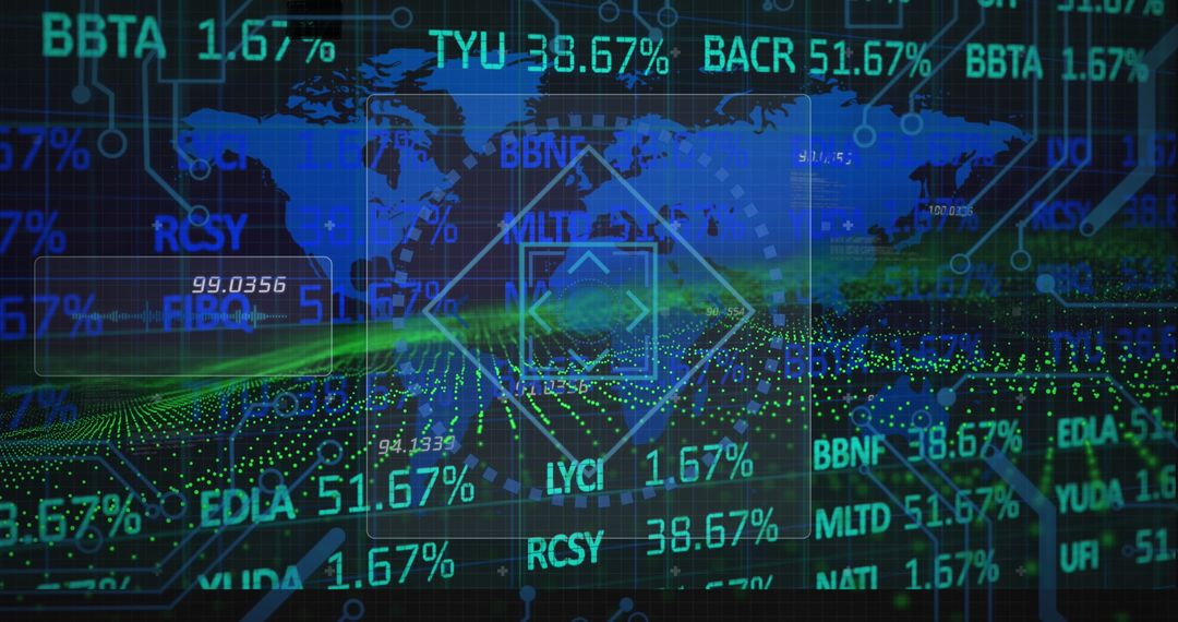 Stock Market Data and World Map Overview with Digital Green Wave