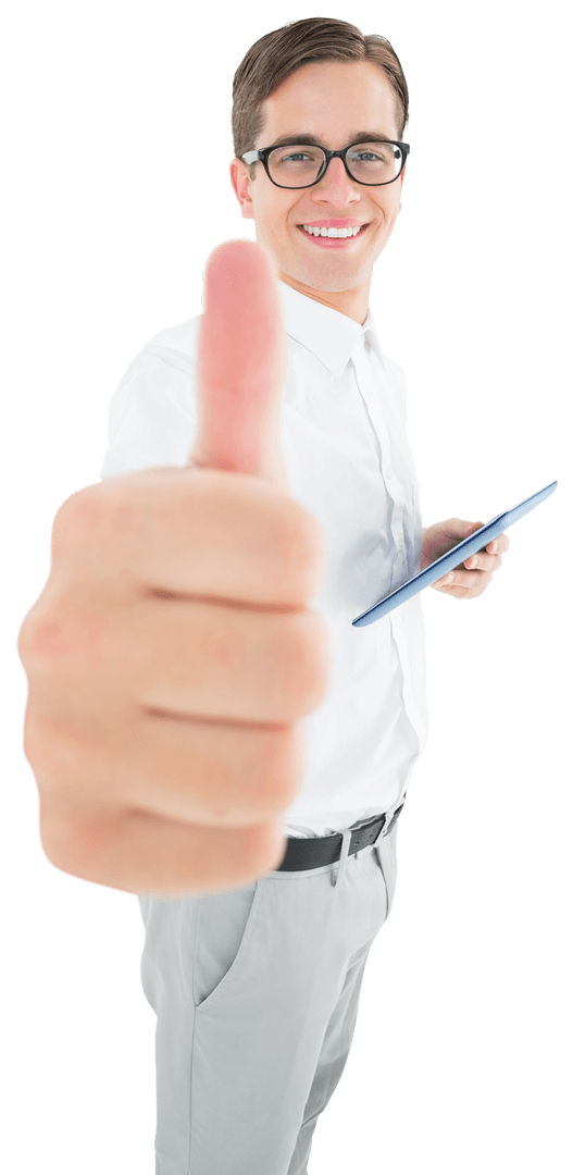 Transparent Smiling Businessman Giving a Thumbs Up with Tablet