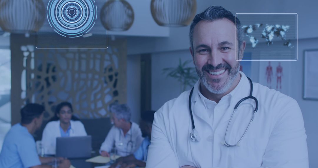 Smiling Doctor with Digital Medical Interface in Office