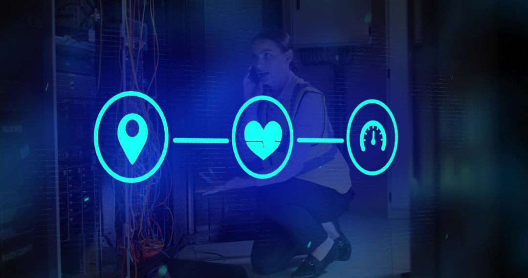 Technician Managing Server Room Connectivity with Futuristic Icons