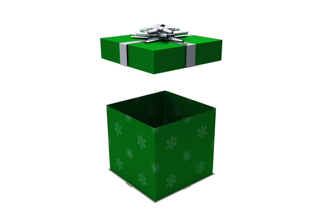 Transparent Open Green Gift Box with Lid Floating Silver Ribbon