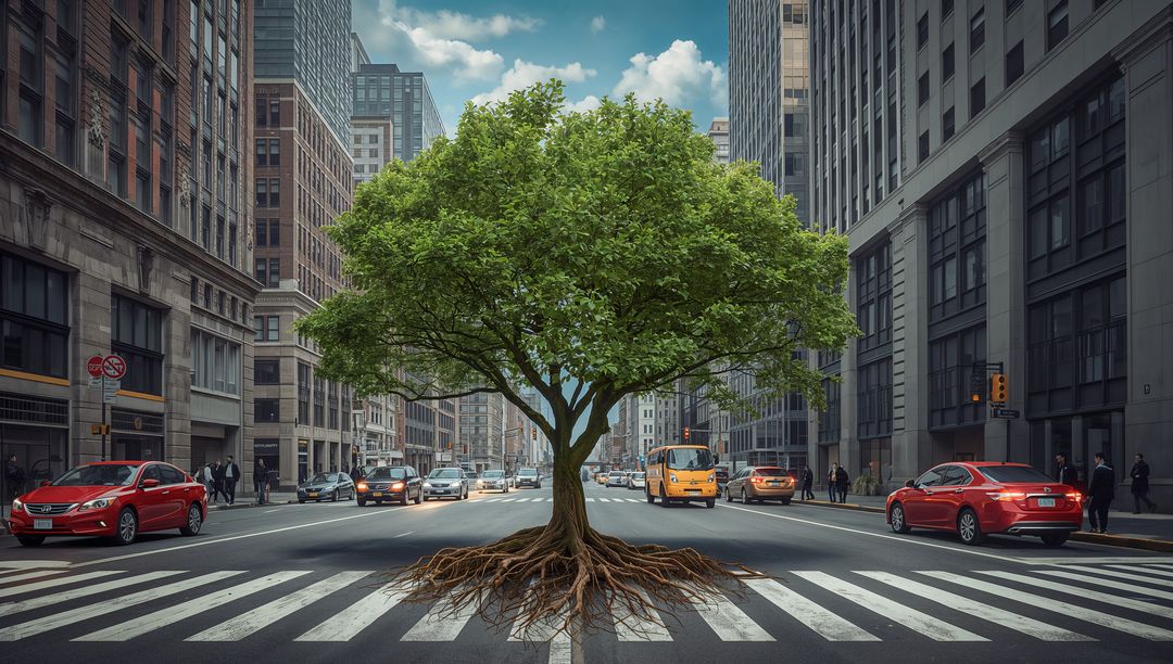 Lush Tree with Expansive Roots in Urban Intersection