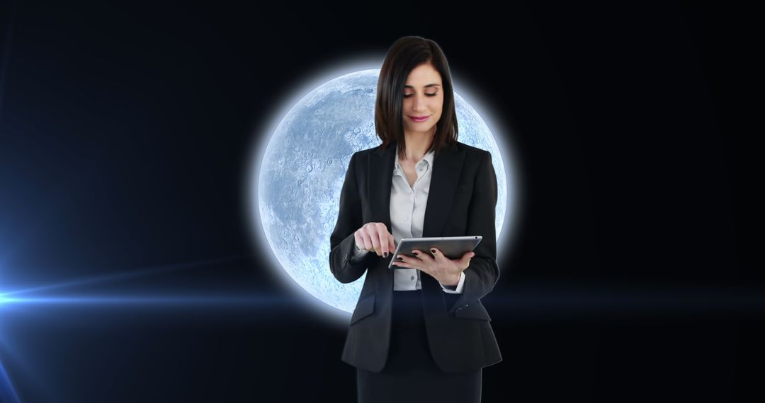 Professional Woman Using Tablet in Front of Glowing Earth
