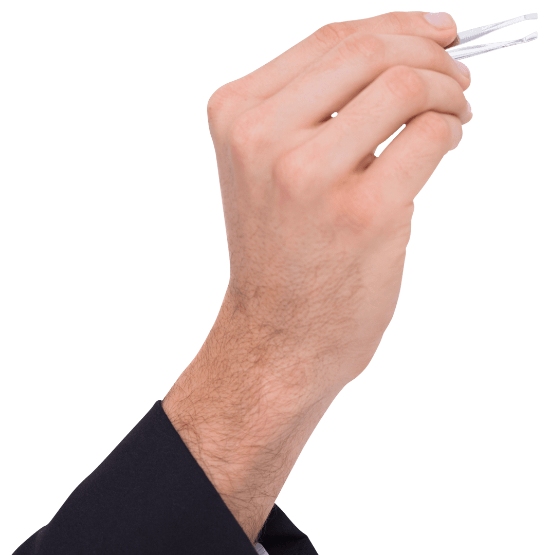 Businessman Hand Holding Tweezers Isolated on Transparent Background