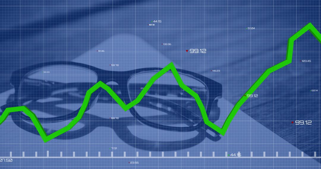 Eyeglasses on Desk with Rising Green Line Chart over Blue Grid
