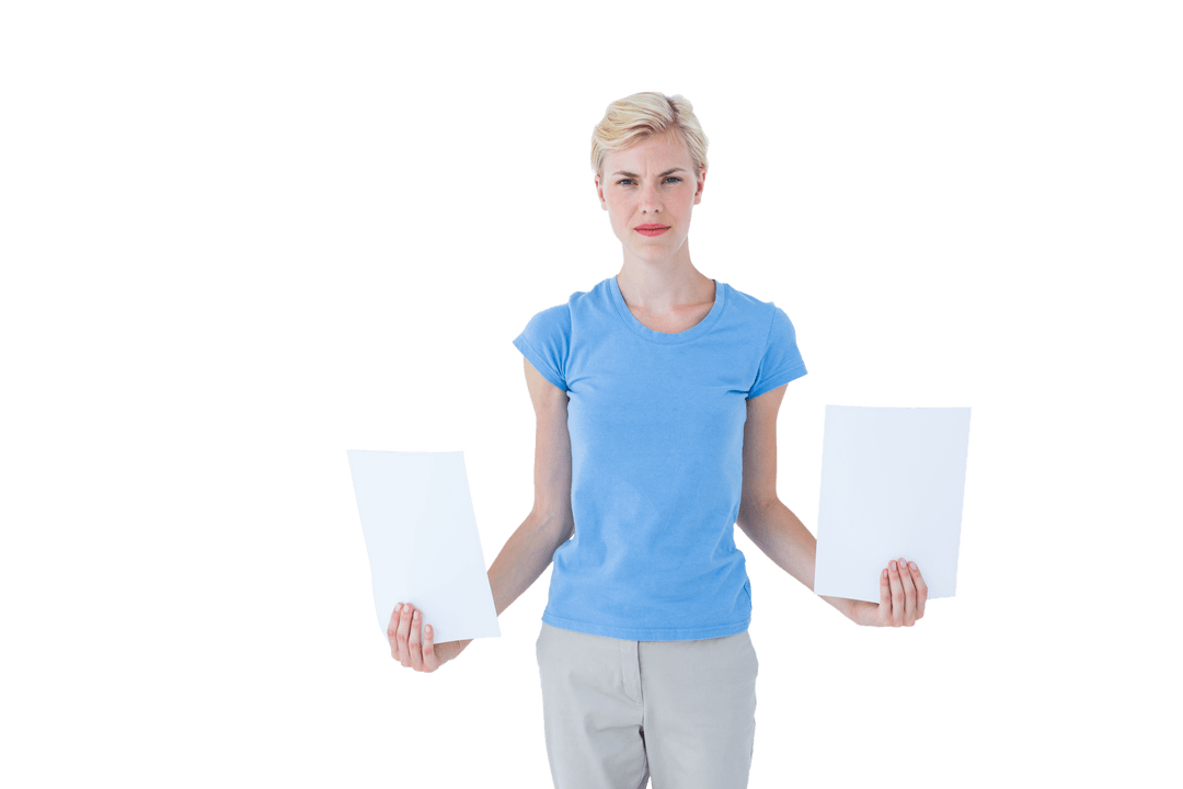 Confident Woman Holding Blank Transparent Papers with Determined Look