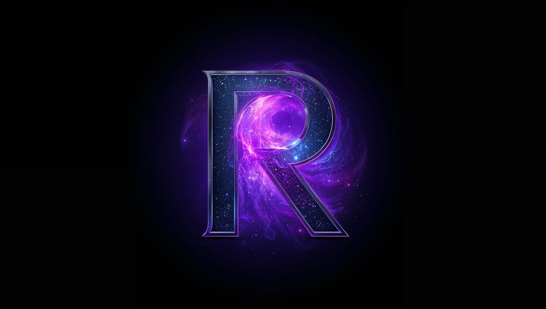 Cosmic Metail Letter R Amongst Purple Nebula and Stars