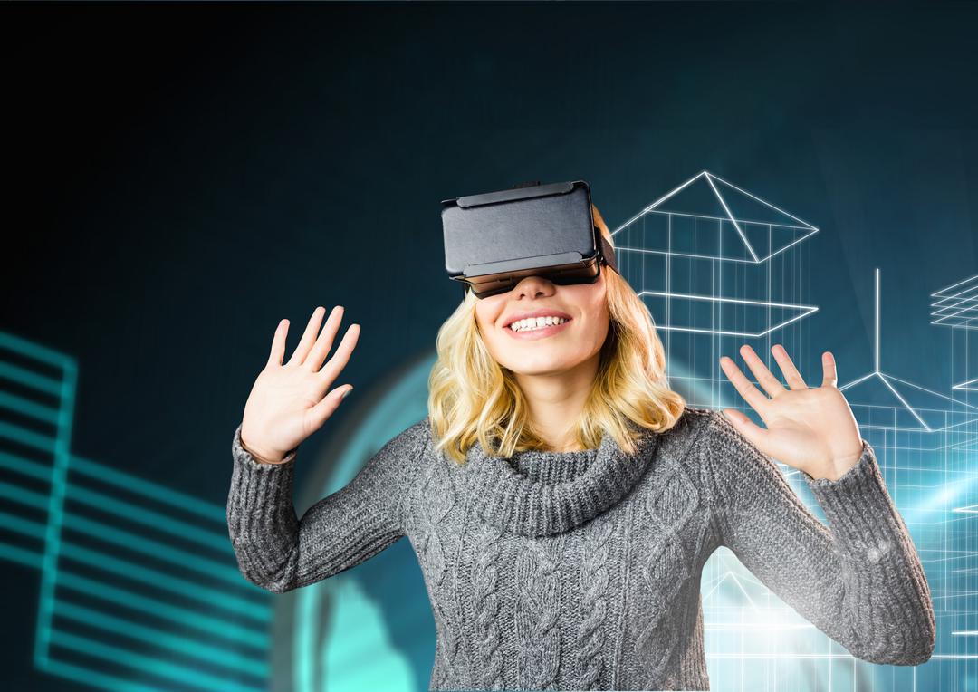 Woman using virtual reality headset against digitally generated background - Free Images, Stock Photos and Pictures on Pikwizard.com