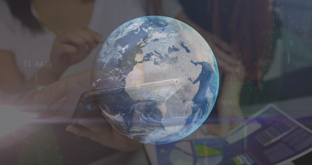 Rotating Globe Over Professionals Discussing Global Network and Finance