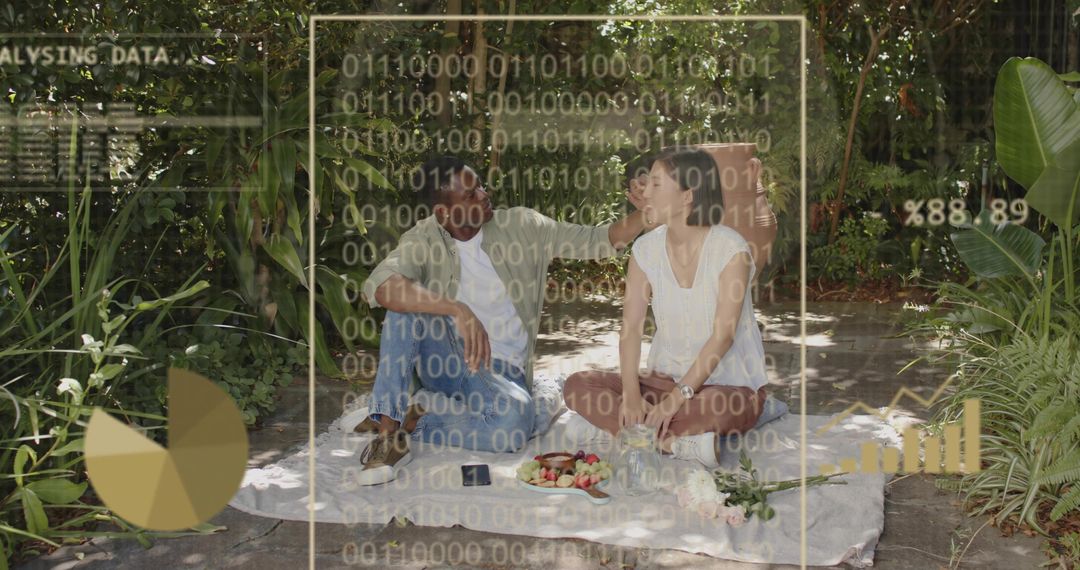 Couple Sitting on Picnic Blanket Viewing Augmented Reality Overlays on Smartphone in Sunlit Garden