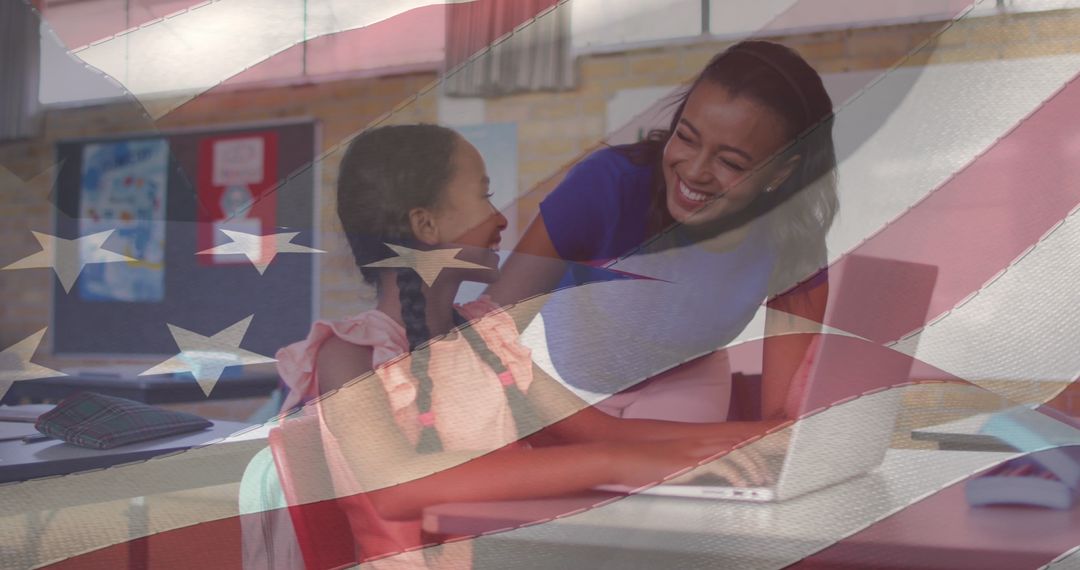 Diverse Teacher and Student Using Laptop with American Flag Overlay