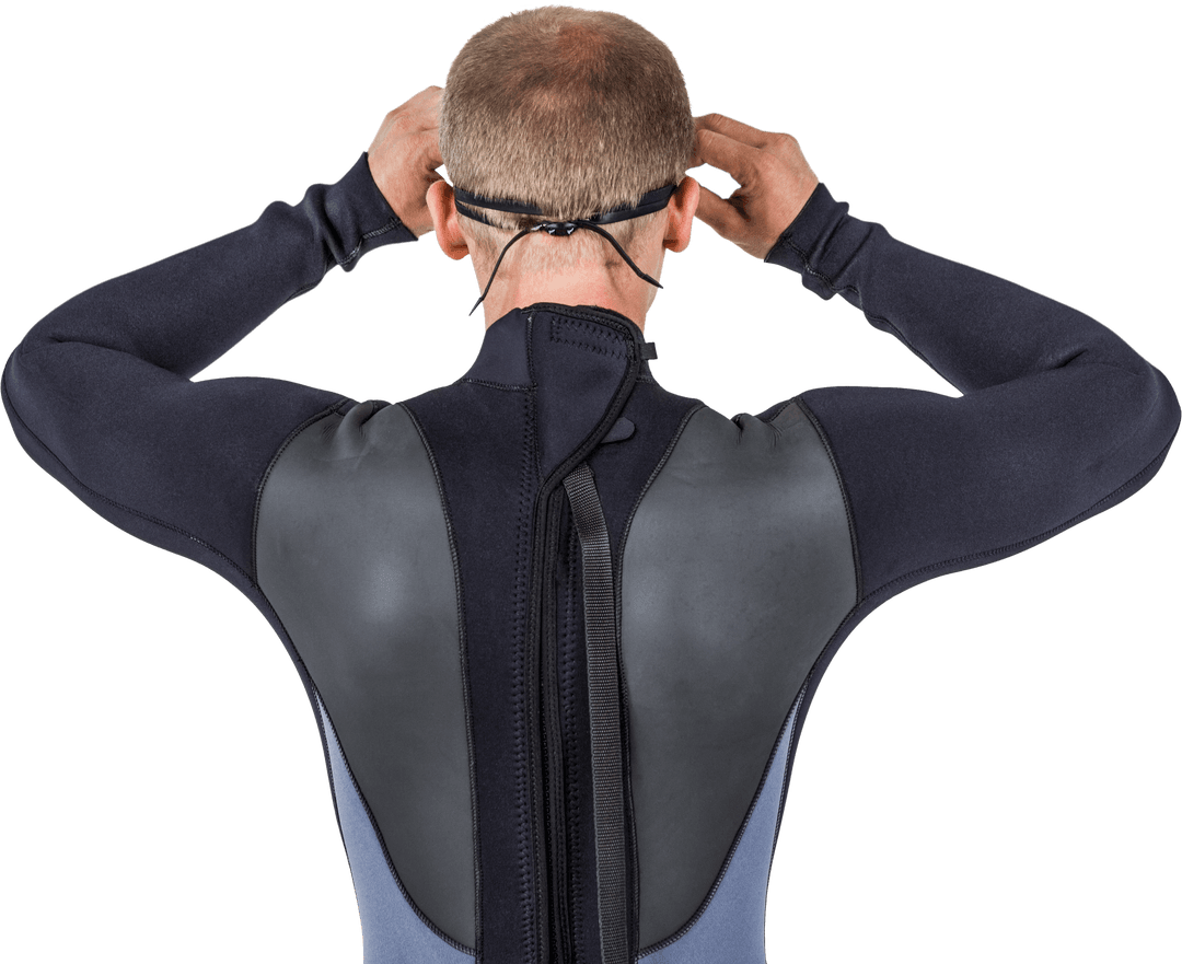 Swimmer Preparing with Transparent Goggles and Wetsuit