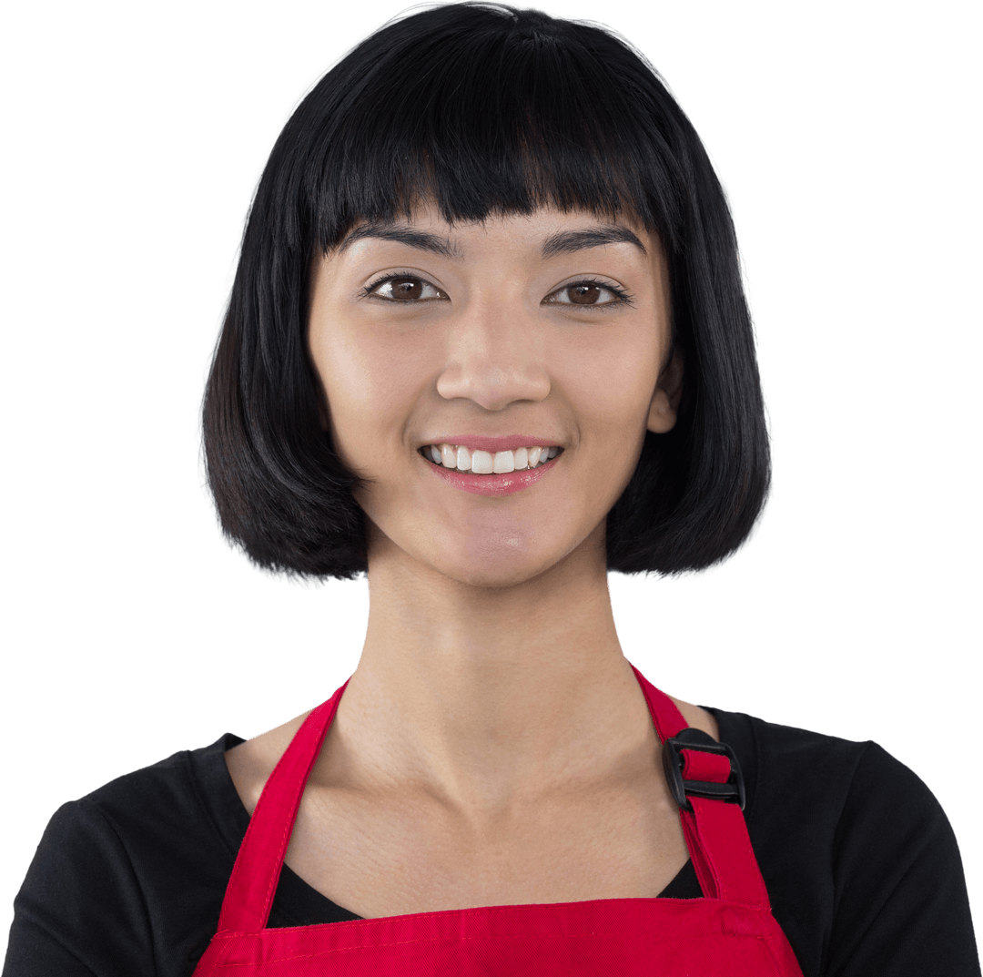 Smiling Waitress in Red Apron on Transparent Background