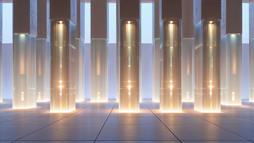 Futuristic Hallway with Illuminated Translucent Pillars