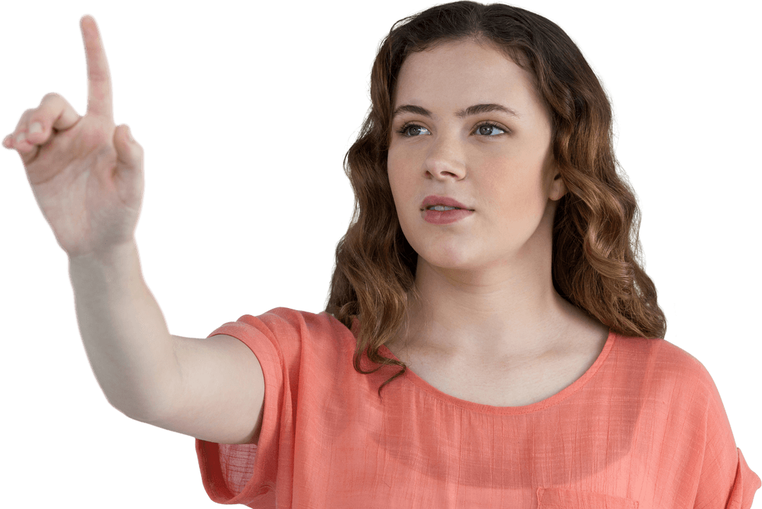 Woman Pointing with Focused Look, Isolated on Transparent Background