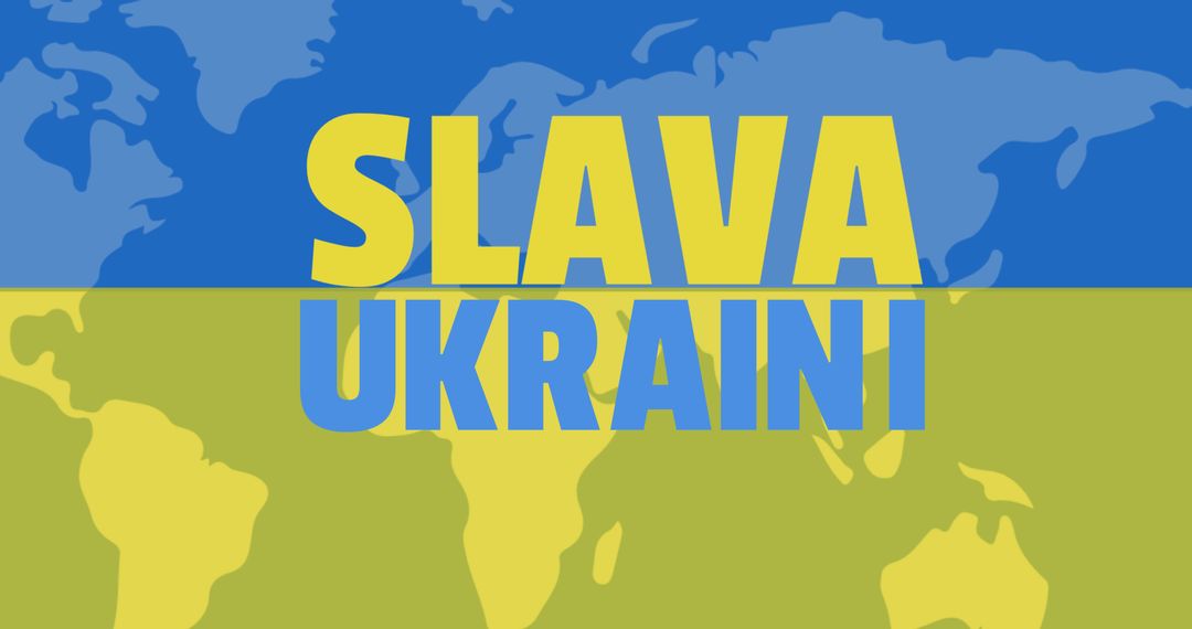Slava Ukraini Text with Ukrainian Flag Overlay on World Map