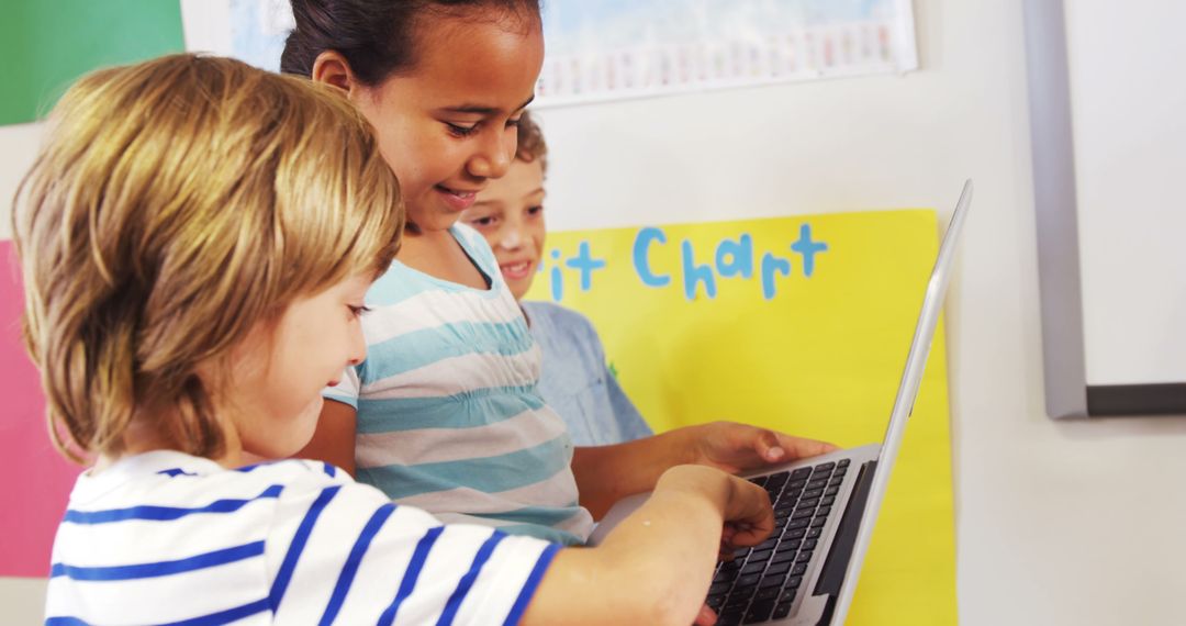 Children Collaborating on Laptop in Classroom Setting