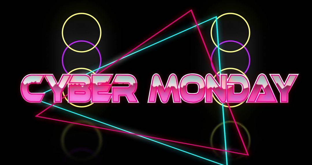 Cyber Monday Neon Text with Geometric Shapes on Black