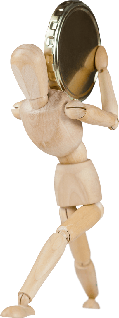 Wooden Anatomy Manikin Holding Large Coin on Transparent Background