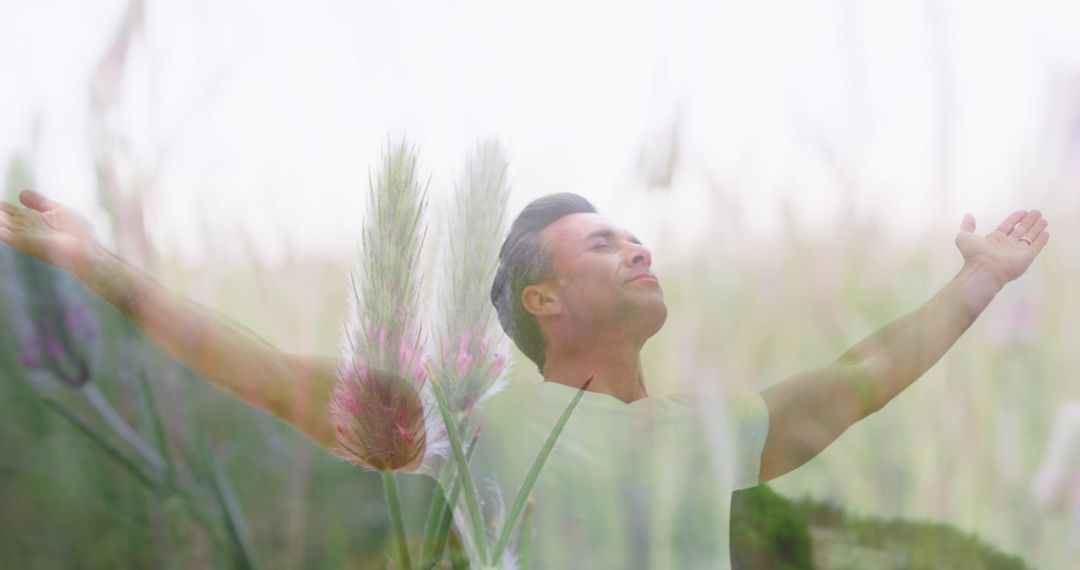 Man Embracing Nature with Open Arms in Blur Background