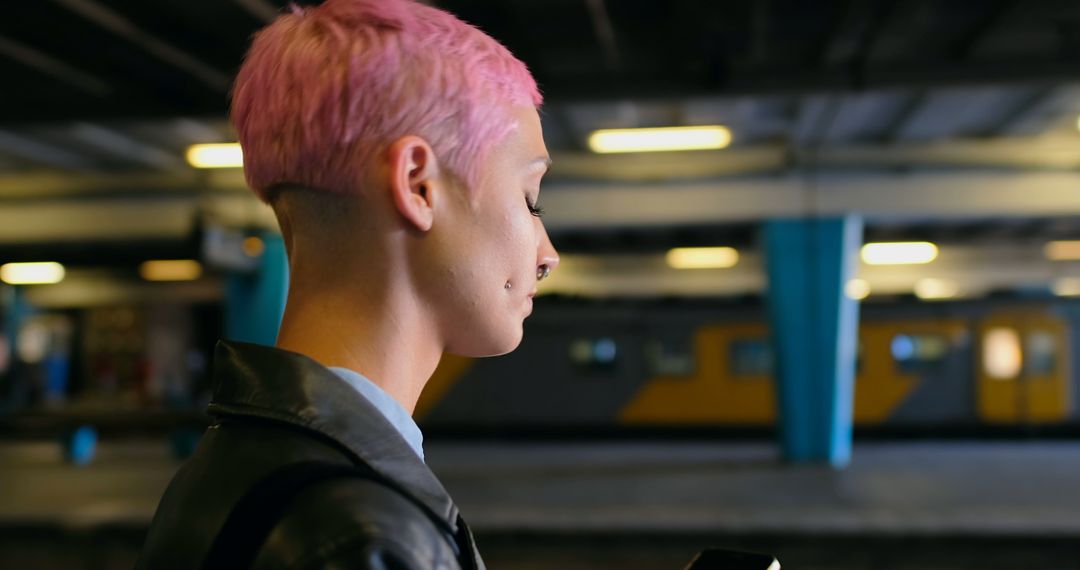 Young woman with pink hair using smartphone at train station - Free Images, Stock Photos and Pictures on Pikwizard.com