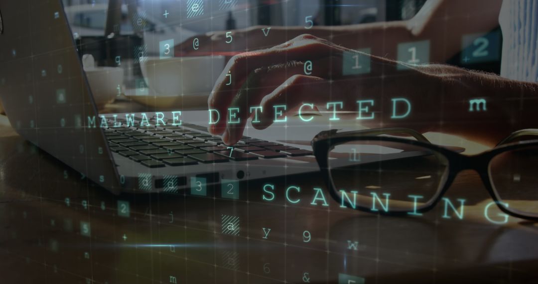 Cybersecurity Alert While Typing on Laptop in Cafeteria