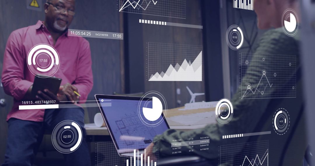 Digital Overlay of Financial Data on Diverse Professionals in Modern Workspace