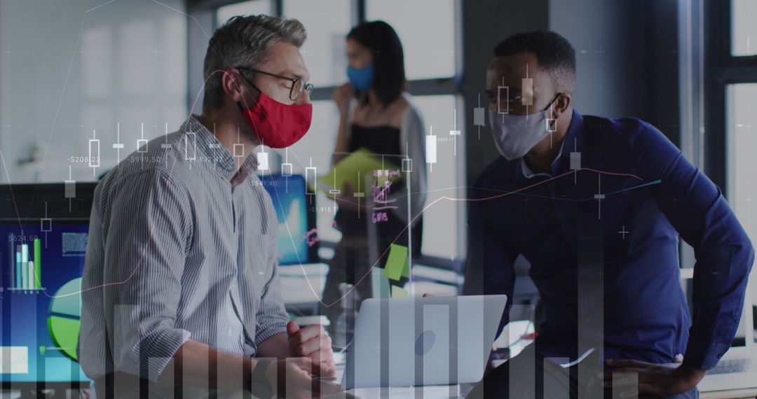 Masked Colleagues Working on Business Analytics While Texts Overlay