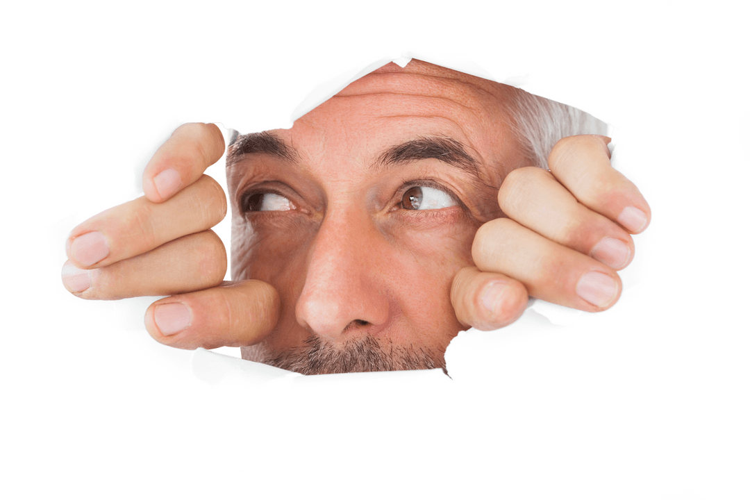 Curious Man Looking Through Transparent Torn Paper Hole