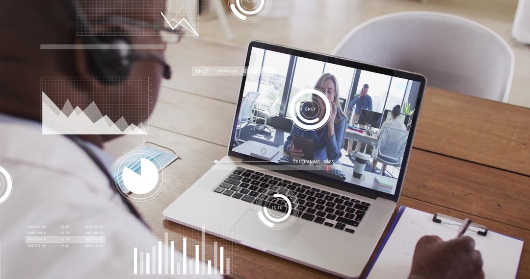 Business Professional Video Conferencing and Taking Notes with Data Graphics