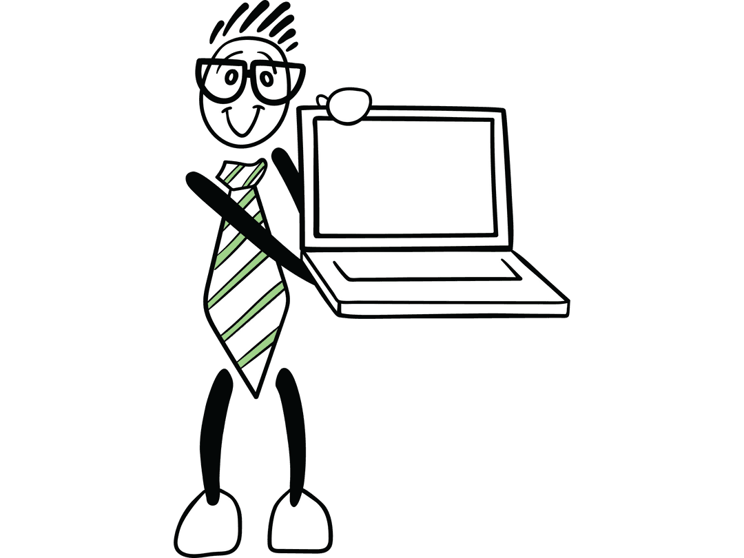 Businessman Stick Figure with Laptop and Tie on Transparent Background