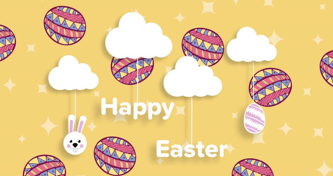 Colorful Easter Eggs Hanging with Festive Clouds and Bunny
