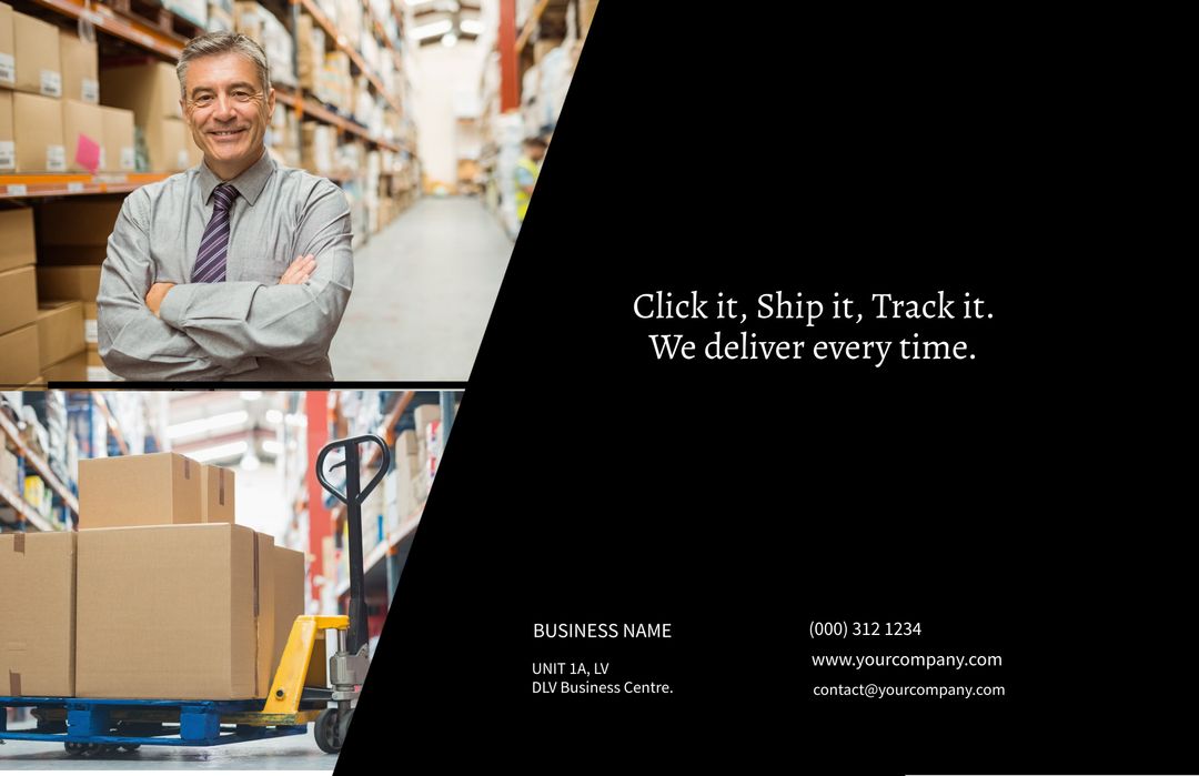 Confident Business Manager in Warehouse for Shipping Solutions