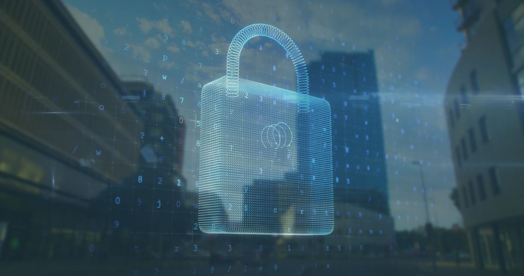 Digital Security Padlock Over Urban Cityscape