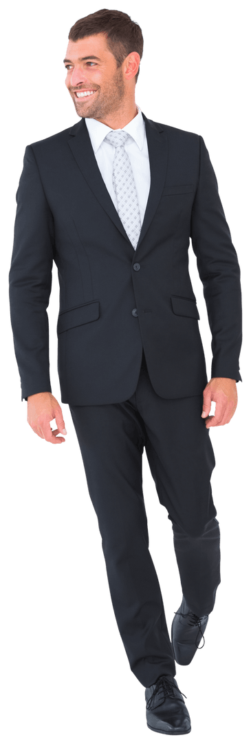 Smiling Businessman in Suit With Transparent Overlay Walking Confidently