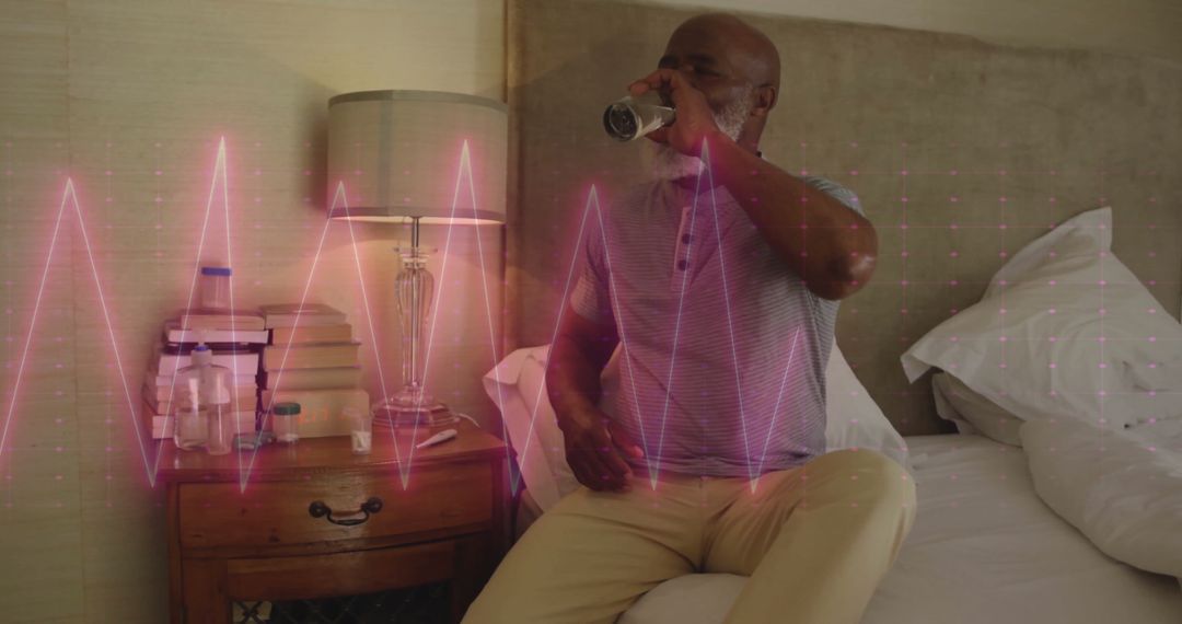 Senior Man Hydrating with Digital Cardiograph Overlay at Home