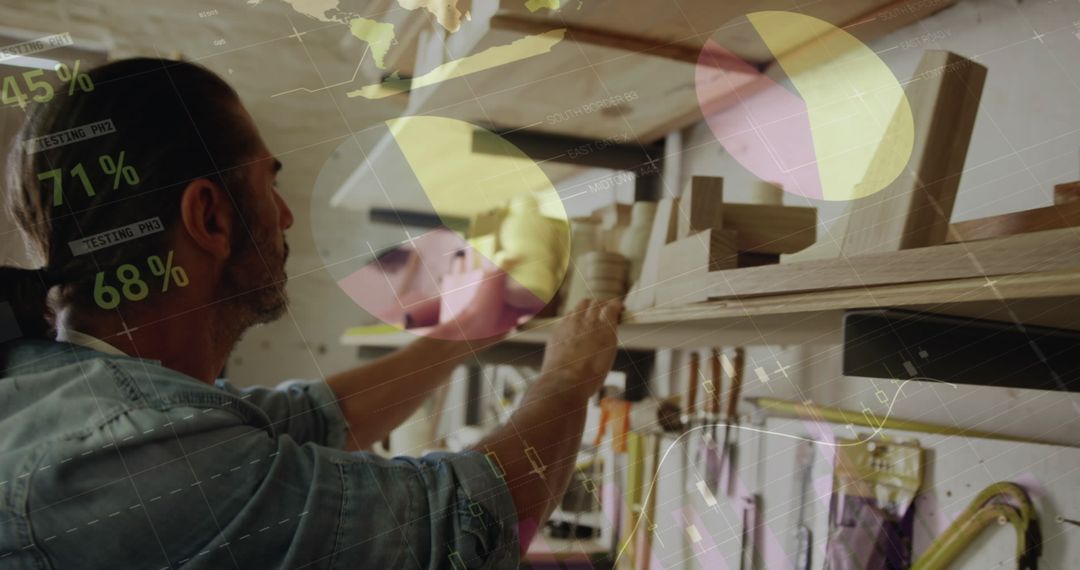 Caucasian Carpenter Crafting with Digital Data Interfaces Overlay