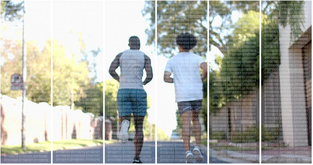 Two men jogging on sunlit park path with binary code overlay digital fitness concept