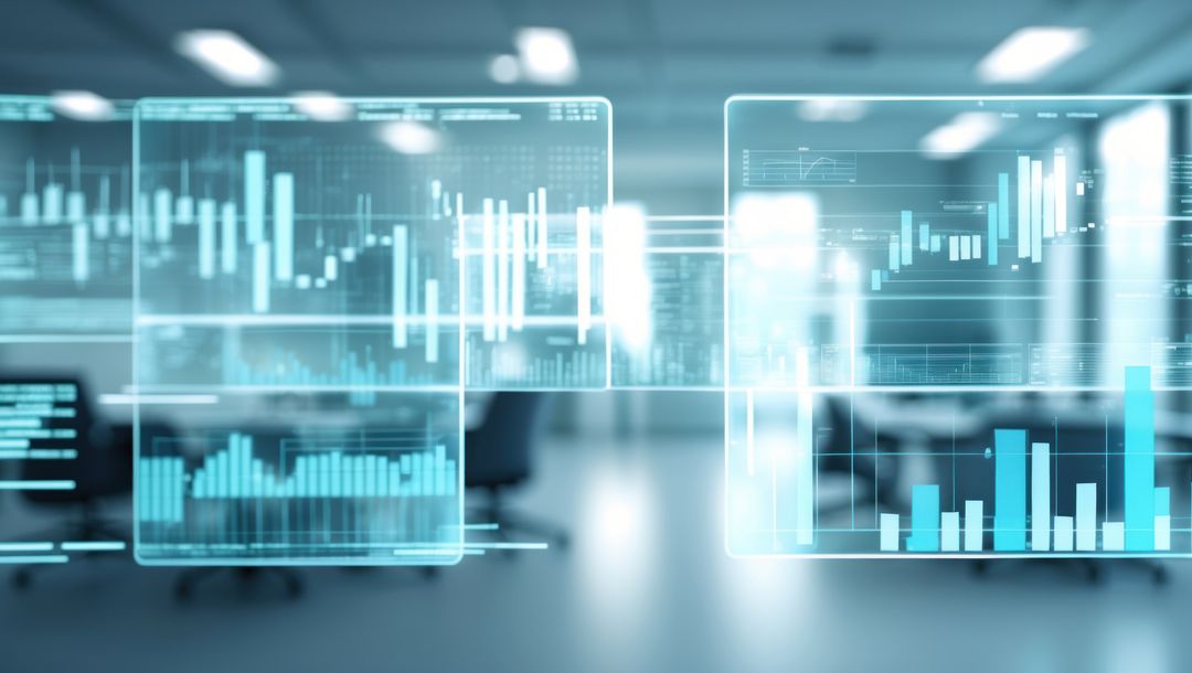 Futuristic Data Dashboards in Open Plan Office with Digital Overlays