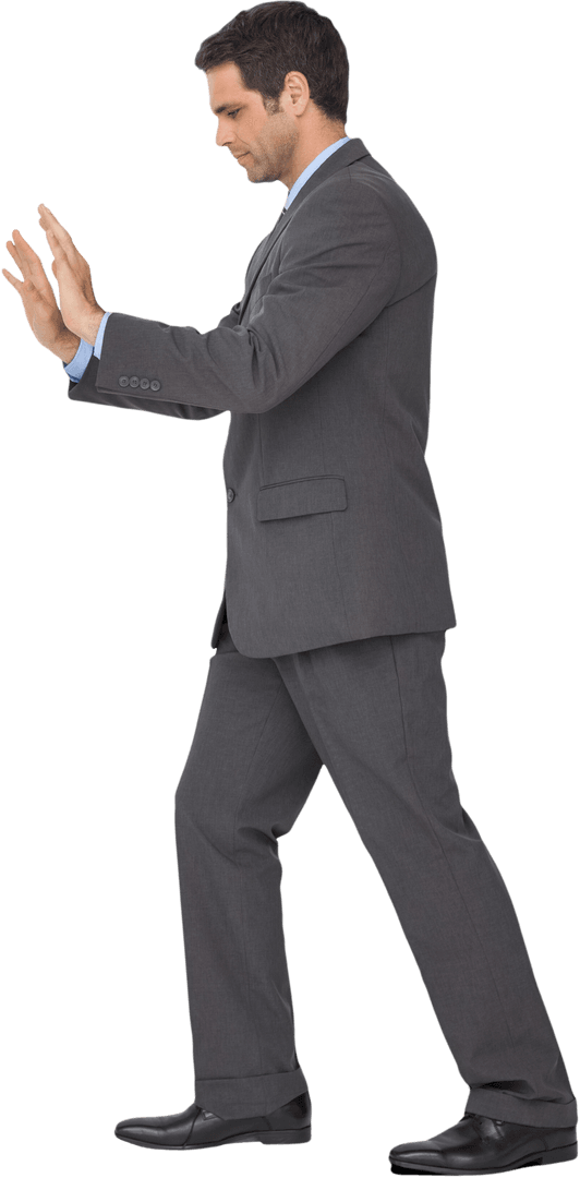 Transparent Businessman Pushing Invisible Wall in Suit