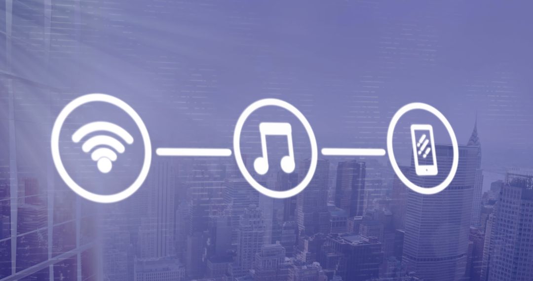 Digital Connectivity Icons Over Lively Urban Cityscape