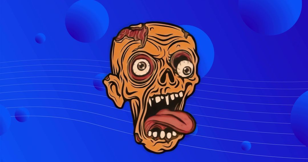 Rotating Cartoon Zombie Head Exposing Brain Over Blue Gradient Background