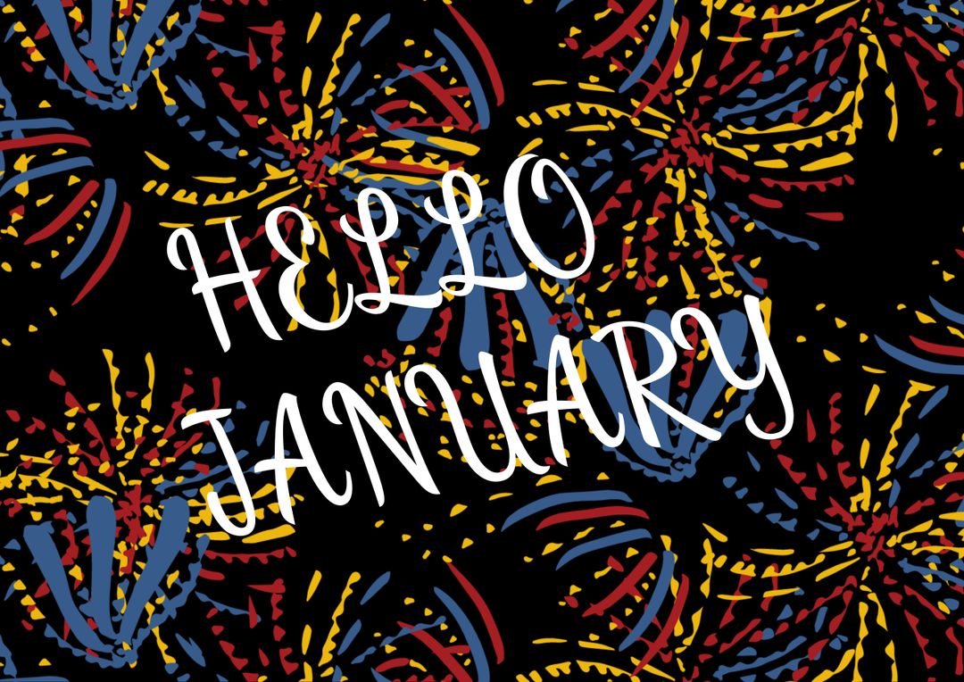 Digital composite image of hello january text over colorful confetti against black background - Free Images, Stock Photos and Pictures on Pikwizard.com