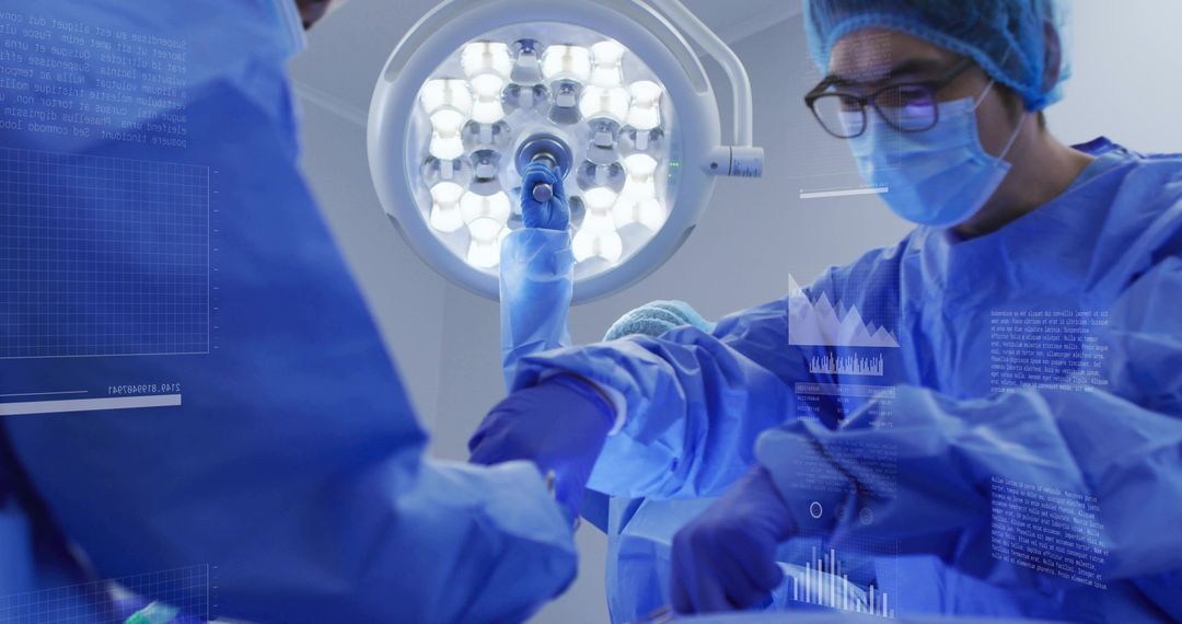 Surgical team adjusting operating light with augmented reality overlays for precision