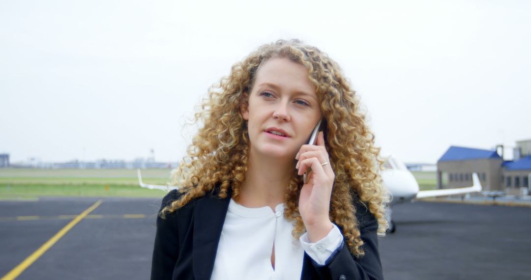 Businesswoman Talking on Mobile at Airport Outdoors